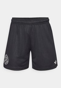 Black athletic shorts with a textured, ribbed design. Features an embroidered logo and a small white accent on the lower right side.