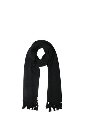 Sciarpa nera realizzata in morbido tessuto testurizzato, con orli sfrangiati. Ha una forma rettangolare liscia con un sottile etichetta con logo.