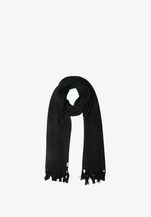 Sciarpa nera realizzata in morbido tessuto testurizzato, con orli sfrangiati. Ha una forma rettangolare liscia con un sottile etichetta con logo.
