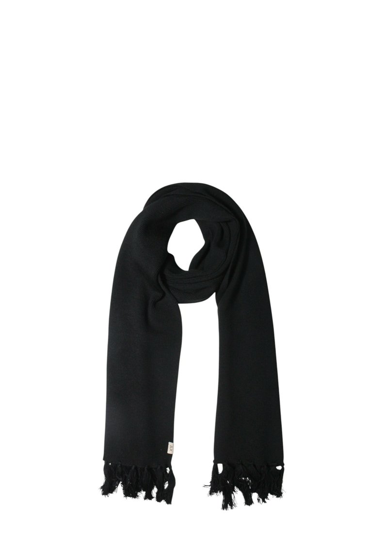 Sciarpa nera realizzata in morbido tessuto testurizzato, con orli sfrangiati. Ha una forma rettangolare liscia con un sottile etichetta con logo.