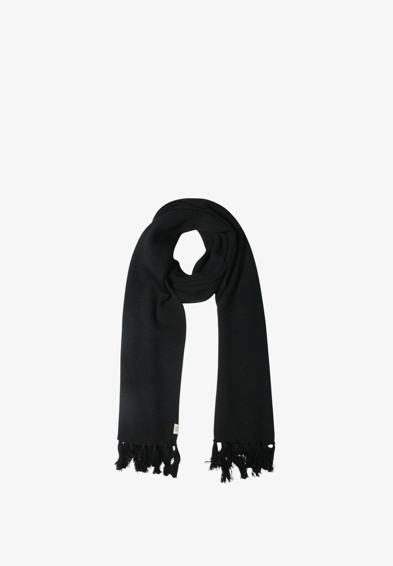 Sciarpa nera realizzata in morbido tessuto testurizzato, con orli sfrangiati. Ha una forma rettangolare liscia con un sottile etichetta con logo.