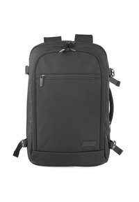 Mochila de tela negra con correas ajustables, bolsillo frontal con cremallera y acentos de hardware en los laterales. Superficie lisa y diseño rectangular para mayor utilidad.