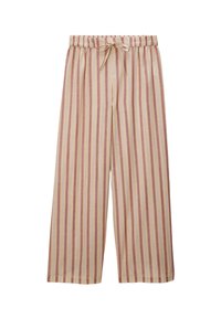 Pantalons larges rayés avec une taille élastique et une fermeture à nouer. Les couleurs incluent un rose doux, une crème et un bleu clair. Texture en coton.