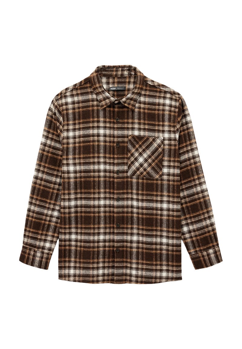 Brązowa i biała koszula flanelowa w kratę z długimi rękawami, z zapięciem na guziki i kieszonką na lewej piersi. Miękka tekstura, casualowy design.