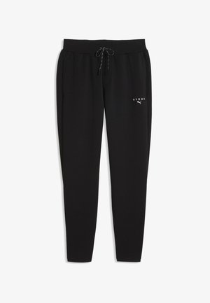 Sort jogger-sweatpants med snøreliv og lille hvidt HYROX Puma-logo på øverste venstre lår, lagt fladt på en hvid baggrund.