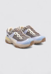 Chaussures de trail avec un schéma de couleurs gris et bleu clair. Fabriquées en mesh et en matériaux synthétiques, elles présentent une semelle texturée et un embout renforcé.