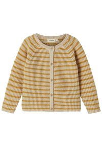 Stickad kofta i beige med senapsgula ränder. Har rund halsringning, långa ärmar och knäppning fram.