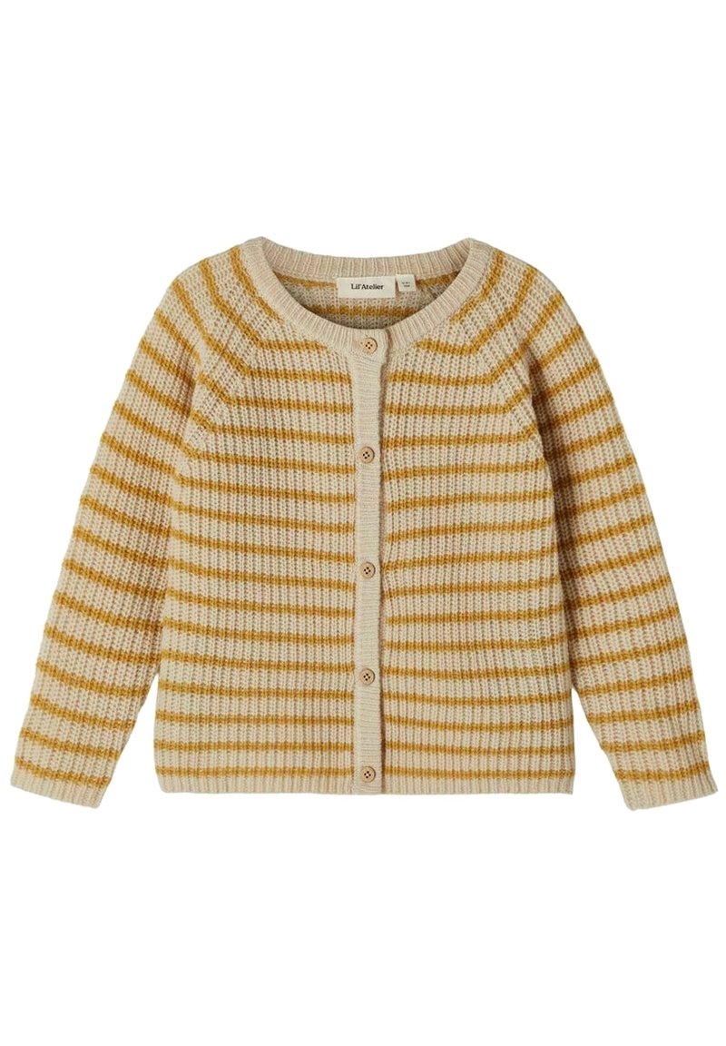Stickad kofta i beige med senapsgula ränder. Har rund halsringning, långa ärmar och knäppning fram.