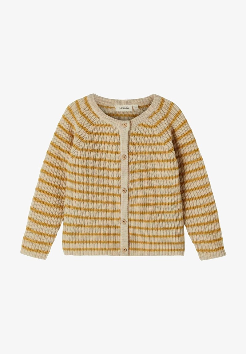 Stickad kofta i beige med senapsgula ränder. Har rund halsringning, långa ärmar och knäppning fram.