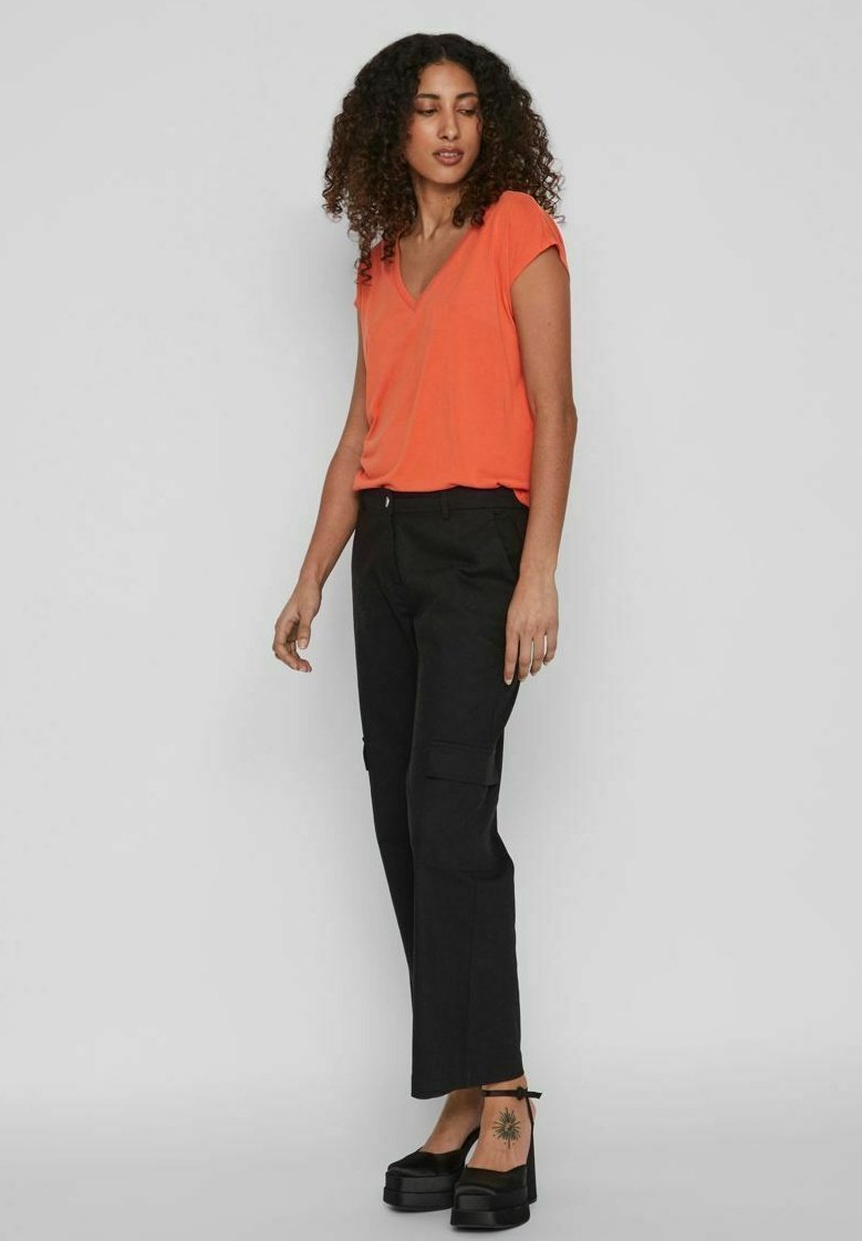 Vila Vimodala T-Shirt Donna Con Scollo A V E Maniche Corte - Colletto A Costine, Nastro Al Collo, Finiture Trapuntate