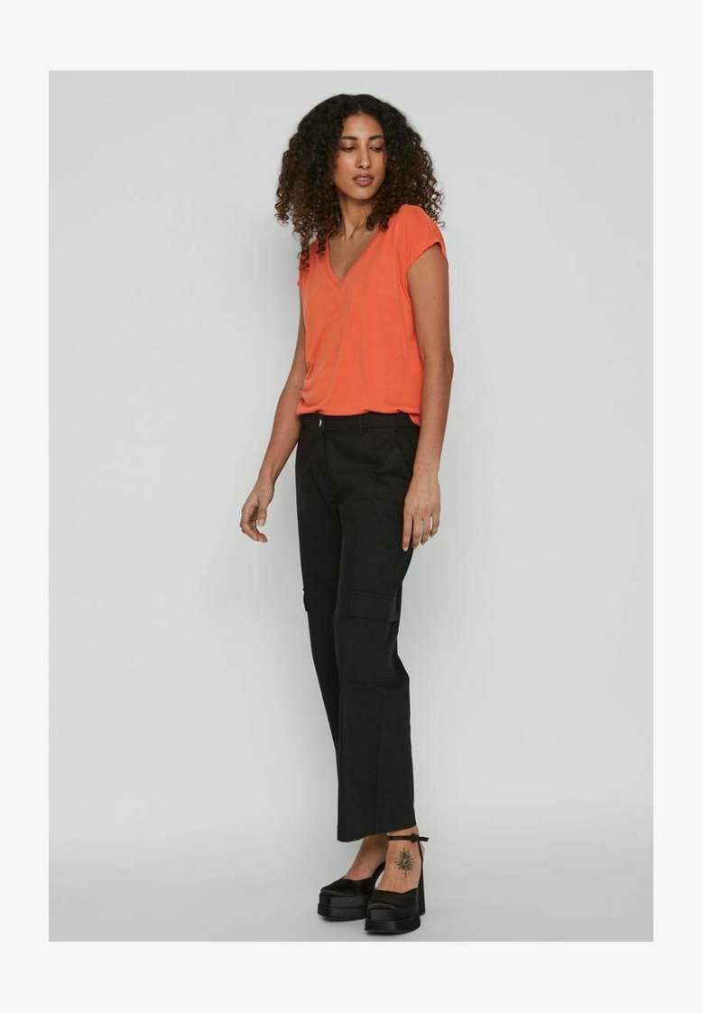 Vila Vimodala T-Shirt Donna Con Scollo A V E Maniche Corte - Colletto A Costine, Nastro Al Collo, Finiture Trapuntate