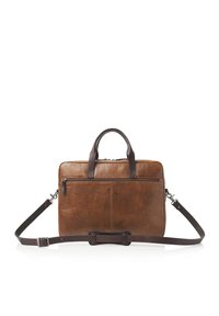 Braune Ledertasche mit dunkelbraunen Akzenten, doppelten oberen Griffen, abnehmbarem Schultergurt, vorderer Reißverschlusstasche und glatter Oberfläche.