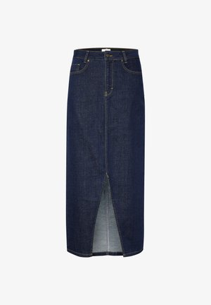 Denim pencil skirt in dark blue with a front slit, featuring yellow stitching and classic five-pocket design. Zipper closure at back.