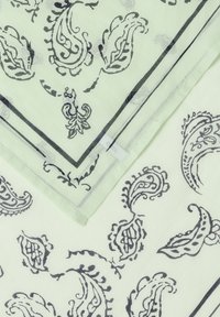 Tissu vert clair avec des motifs paisley noirs et une fine bordure noire le long des bords, montrant un coin plié avec une petite étiquette.