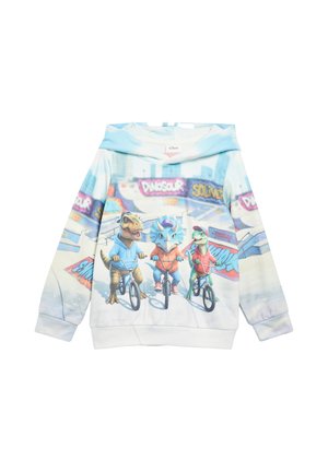 Hoodie mit drei Cartoon-Dinosauriern, die Hoodies tragen und Fahrräder in einem mit Graffiti bedeckten Skatepark fahren.