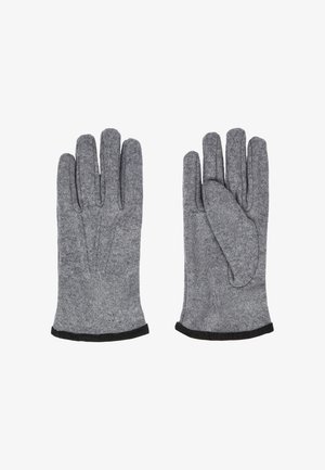 Ein Paar graue Strickhandschuhe mit schwarzem Rand an den Bündchen, flach dargestellt, wobei die Handfläche eines Handschuhs nach oben und die des anderen nach unten zeigt.