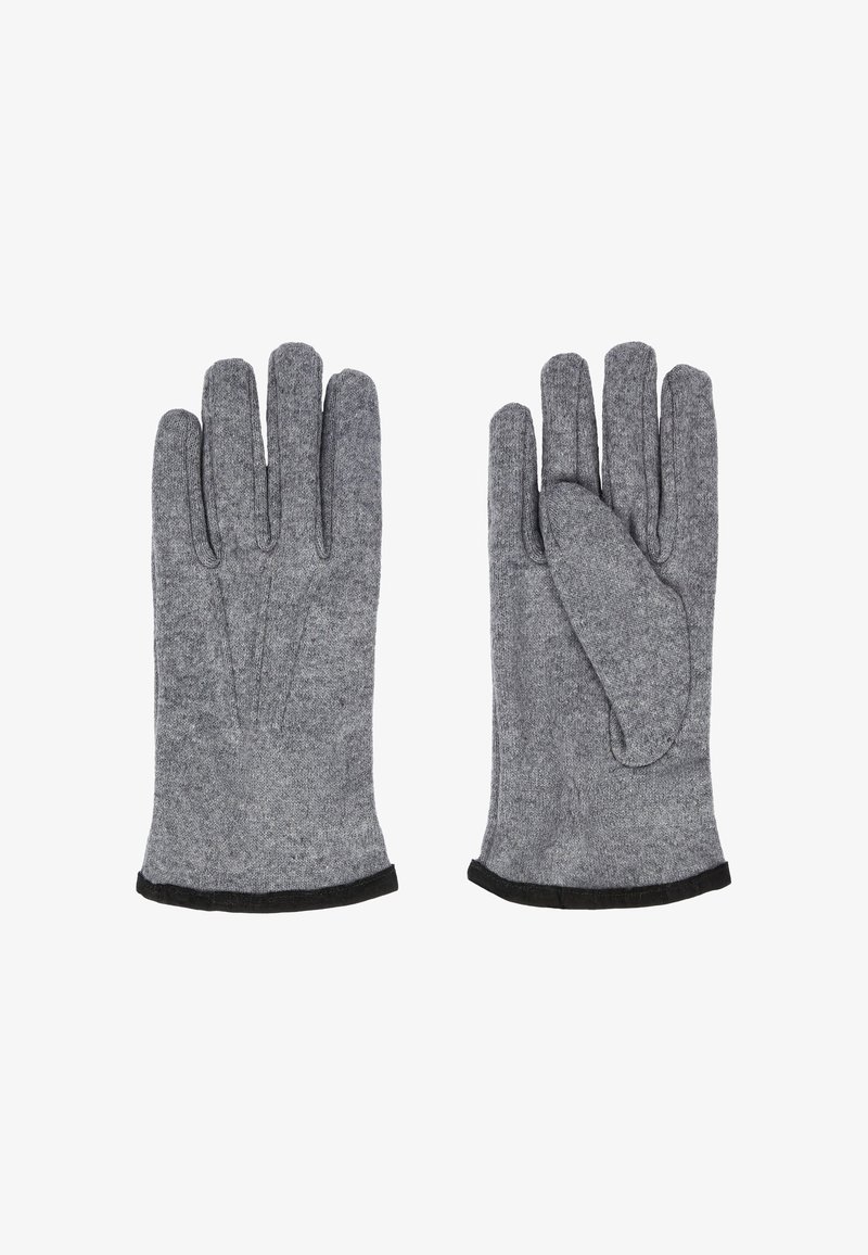 Coppia di guanti di maglia grigi con bordo nero ai polsi, mostrati appiattiti con il palmo di un guanto rivolto verso l'alto e l'altro verso il basso.