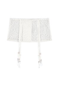 Corset en dentelle blanche avec broderie florale, présentant trois bretelles, un bord festonné et des jarretelles en satin réglables.