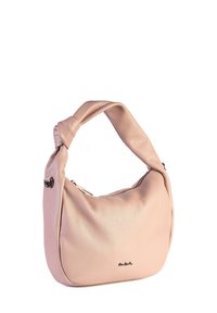 Borsa a mano in pelle rosa chiaro con manico annodato, chiusura con zip e logo del brand in modo sottile sulla parte anteriore.
