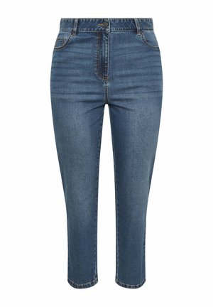 Jeans en denim bleu taille haute, coupés courts, avec boutons à l'avant, fermeture éclair et poches, présentés sur un fond blanc.