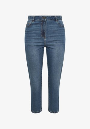 Jeans en denim bleu taille haute, coupés courts, avec boutons à l'avant, fermeture éclair et poches, présentés sur un fond blanc.