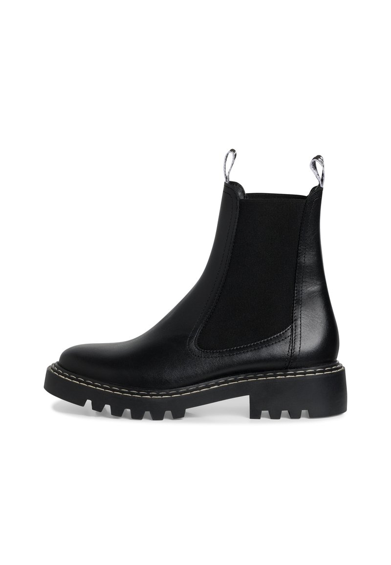 Schwarze Leder-Chelsea-Boots mit elastischen Seiteneinsätzen, Zuglaschen, robustem Gummisohle und Kontrastnähten entlang der Kante.