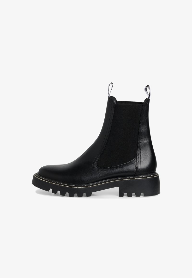 Black leather Chelsea boot featuring elastic side panels, pull tabs, chunky rubber sole, and contrast stitching along the edge.