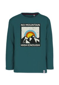 Långärmad T-shirt i teal med ett grafiskt tryck av berg, en sol och texten "INGEN MOUNTAIN HÖG NOG" i svart och vitt.