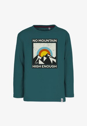 Langærmet teal T-shirt med et grafisk print af bjerge, en sol og teksten "NO MOUNTAIN HIGH ENOUGH" i sort og hvid.