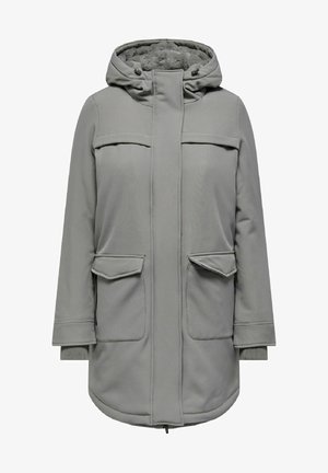 Cappotto imbottito grigio con cappuccio, due tasche frontali e polsini a costine. Presenta un rivestimento morbido e testurizzato e dettagli con cuciture verticali.