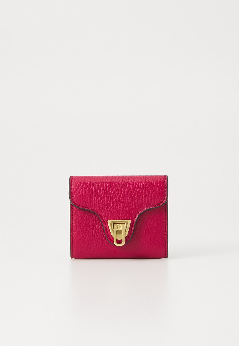 Fuchsia leather wallet with a textured finish, gold-tone clasp, and contrasting dark stitching. Compact rectangular shape with rounded edges.