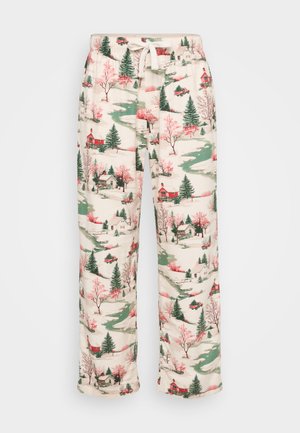 Pyjamabroek met een elastische tailleband en koord, met een crème achtergrond en patronen van bossen, huizen en bomen in groen en roze.