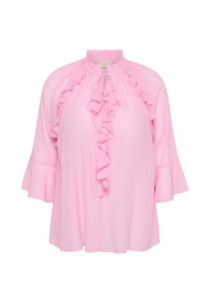 Blusa rosa a maniche lunghe con collo alto arricciato, volant a cascata sul davanti e polsini svasati, realizzata in tessuto leggero.