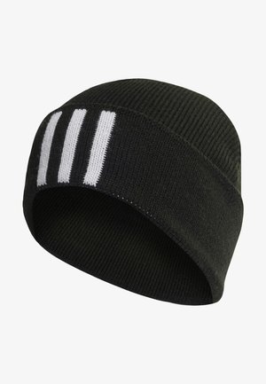 Berretto in maglia nera con texture a coste, caratterizzato da tre strisce bianche sul fronte. Tessuto morbido con una vestibilità aderente.