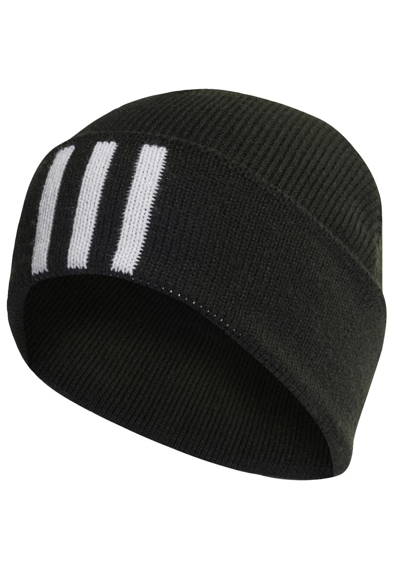 Berretto in maglia nera con texture a coste, caratterizzato da tre strisce bianche sul fronte. Tessuto morbido con una vestibilità aderente.