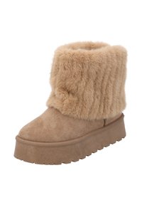 Tan-farbene Kunstfell-Stiefeletten mit plüschigem Umschlag, weichem Wildleder-Obermaterial, dickem Plateausohle und strukturiertem Profil für besseren Halt. Ideal für den Winter.