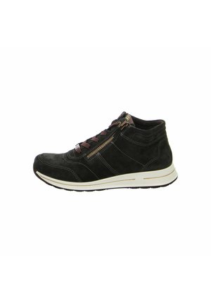 Black suede high-top shoe with brown laces, a side zipper, stitched accents, and a white rubber sole. Features a rounded toe and textured finish.