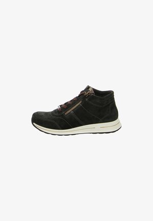 Schwarzer Veloursleder-Hochschuh mit braunen Schnürsenkeln, einem seitlichen Reißverschluss, genähten Akzenten und einer weißen Gummisohle. Verfügt über eine abgerundete Zehenpartie und eine strukturierte Oberfläche.