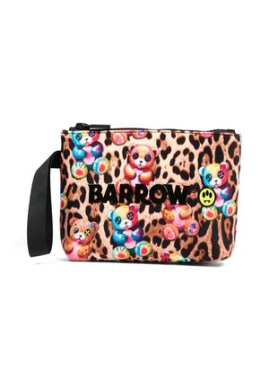 Mała saszetka na zamek z kolorowymi misiami na tle w panterkę oraz czarnym paskiem na nadgarstek, z napisem "BARROW" i żółtym logo uśmiechu.