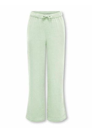 Svetlozelené široké nohavice s textúrou, elastickým pásom a šnúrkou, zobrazené na bielom pozadí.