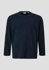 Marinefarbener Langarm-T-Shirt aus Baumwolle, mit Rundhalsausschnitt und einer Brusttasche. Glatte Textur mit einem lässigen Schnitt.