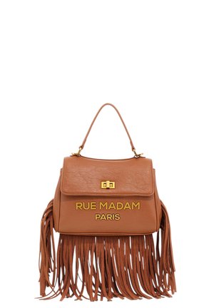 Borsa a mano in pelle marrone con dettagli a frange, chiusura dorata e scritta "RUE MADAM PARIS" in oro sul davanti.