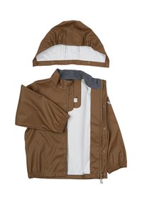 Bruine waterdichte jas met een zachte grijze fleece voering, afneembare capuchon en drukknopen. Voorzien van elastische manchetten en een gladde textuur.