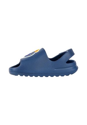 Sandalo in plastica blu con un design a ritaglio, superficie testurizzata e un emblema colorato sulla fascia superiore. Suola in gomma per una migliore aderenza.