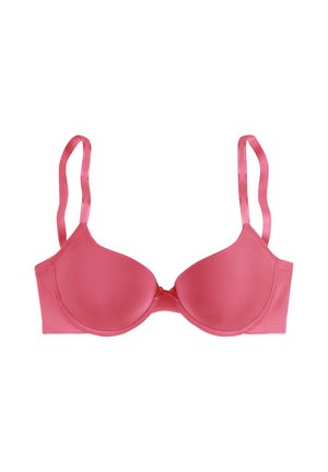 Pink padded bra with adjustable straps and underwire, designed for support and shaping.