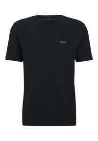 Námořnická modrá bavlněná trička s kulatým výstřihem, krátkým rukávem a malým zlatým logem "BOSS" na hrudi. Hladká textura, normální střih.