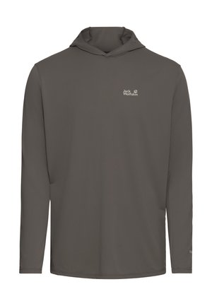 Sweat à capuche gris foncé à manches longues avec petit logo blanc Jack Wolfskin sur le côté gauche de la poitrine et une texture simple et lisse.