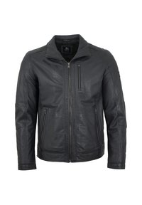 Schwarze Lederjacke mit durchgehendem Reißverschluss, Stehkragen und seitlichen Taschen. Verfügt über gestepptes Schulterdetails und eine glatte Textur.