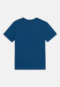 Blue cotton short-sleeve t-shirt with a crew neck. Smooth texture and simple design, featuring a clean back with no patterns or graphics.