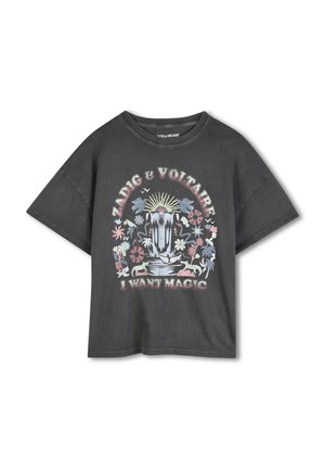 Temno siva majica s kratkimi rokavi z barvito grafiko slapov, cvetja, živali, sonca in napisom »Zadig & Voltaire I Want Magic«.